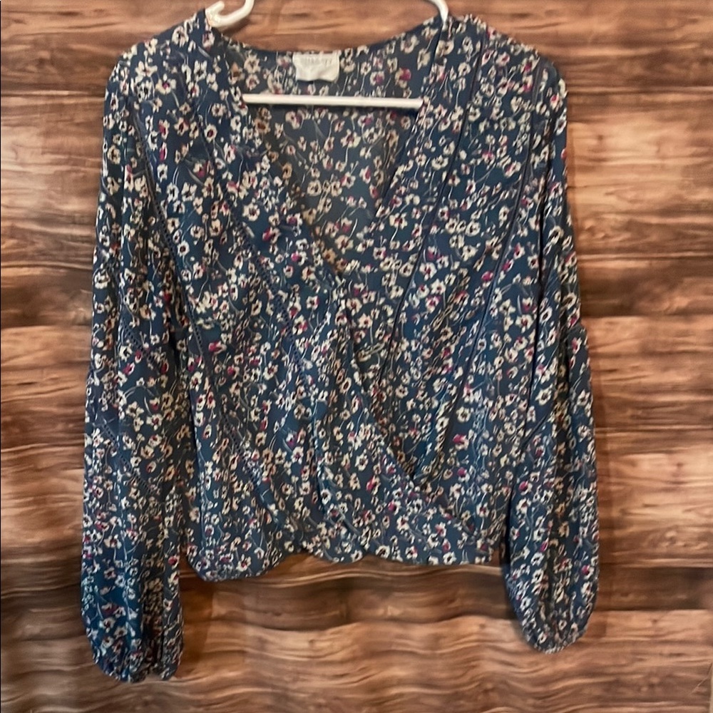 Blue and Gray Wrap Blouse with Long Sleeves